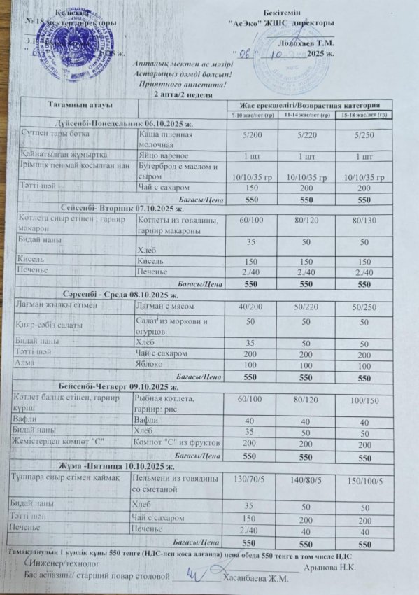Недельное меню за октябрь