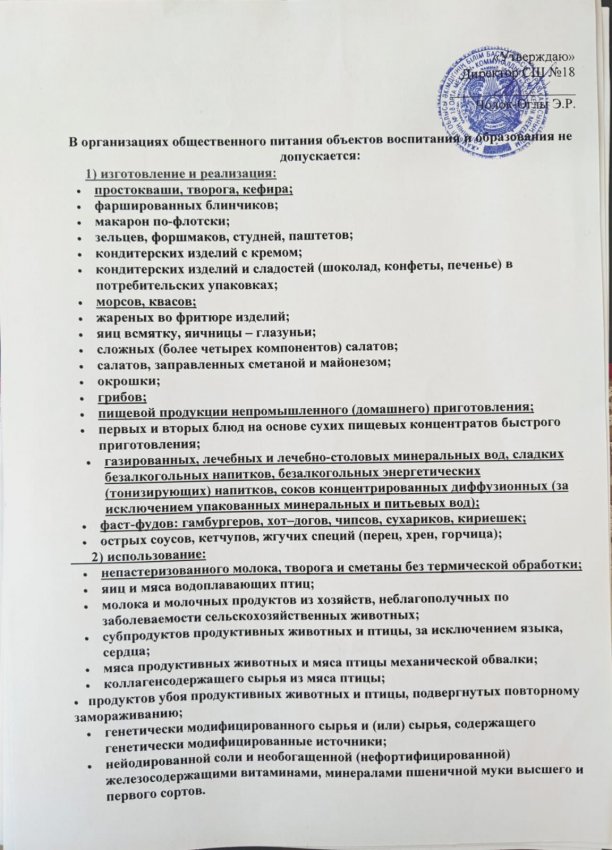 Список запрещенных продуктов в столовой